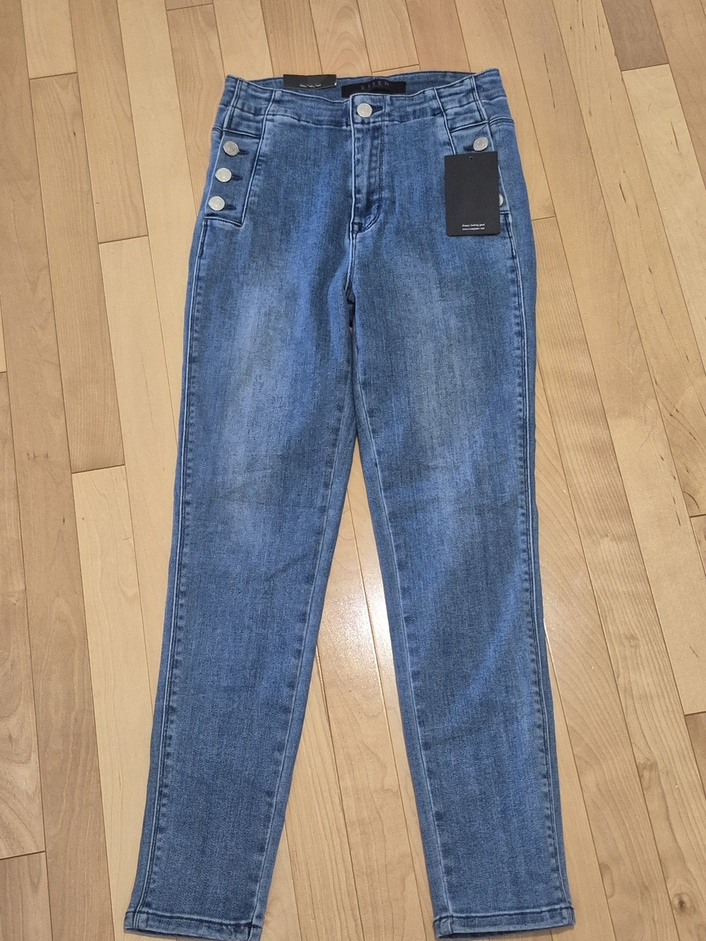 High-Rise Blue Denim Jeans with Side Button Detail